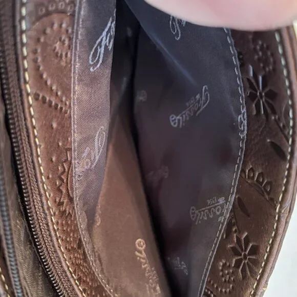 FOSSIL | Brown Floral Tooled Embossed Leather Crossbody or Handbag-EUC - Picture 7 of 16